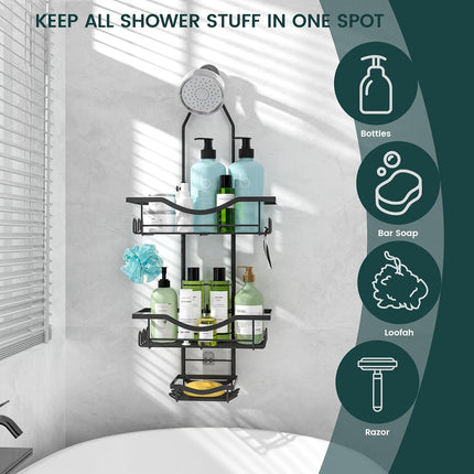 Shower Caddy Hanging Adjustable Shower Caddy, Rustproof Shower Organizer Extended Length Shower Caddy over Shower Head with Hooks Soap Holder, Large Capacity Anti-Swing Bathroom Organizer, Black