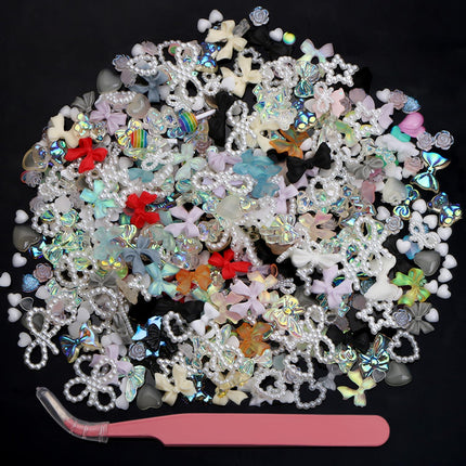 3D Nail Charms, 400Pcs Mixed Nail Art Charms Lollipop Bow Pearl Shell Heart Bear and Other Multi-Shape Nail Jewelry Charms with Box for DIY Crafts Phone Case Nail Art,With Tweezers