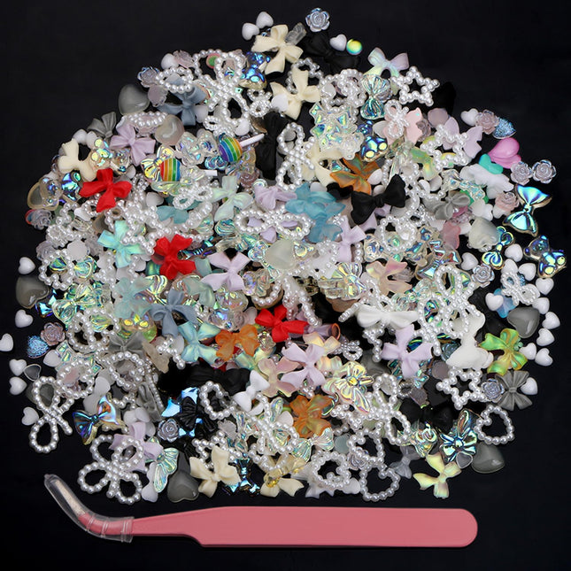 3D Nail Charms, 400Pcs Mixed Nail Art Charms Lollipop Bow Pearl Shell Heart Bear and Other Multi-Shape Nail Jewelry Charms with Box for DIY Crafts Phone Case Nail Art,With Tweezers