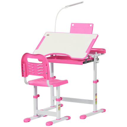 HOMCOM Kids Study Desk and Chair Set W/ USB Lamp, Adjustable Height, Pink