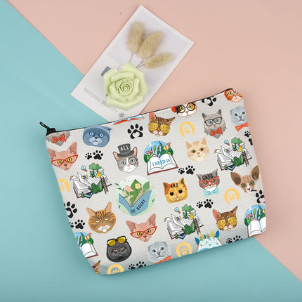 Cat Makeup Bag: Kitten Cosmetic Travel Bag with Zipper - 'Books and Cats' Bag Gift for Cat Lovers