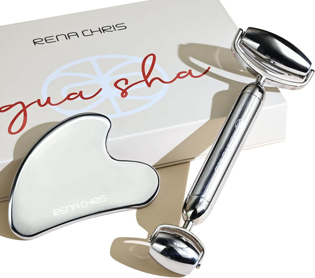 Gua Sha, Anti-Breakage Stainless Steel Face Roller and Gua Sha Set for Long-Lasting Use, Jawline Sculpting and Puffiness Reducing, Ideal for Gift and Self Care (Silver)