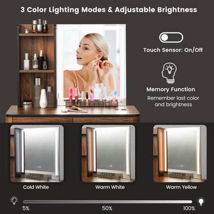 Vanity Table Set with 3-Color LED Lights Mirror and Charging Station
