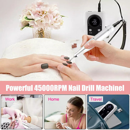 45000RPM Pro Rechargeable Wireless Electric Nail Drill Machine Portable Manicure