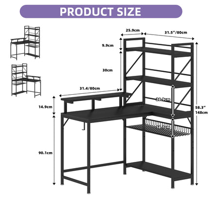 L-Shaped Gaming Desk - Carbon Fibre Black 106Cm Corner Desk with Power Outlets, LED Lights & Storage Shelves