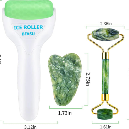 Facial Roller Set of 3, Ice Roller, Jade Roller, Gua Sha Massage Tool, Helps Reduce Puffy Skin, Green