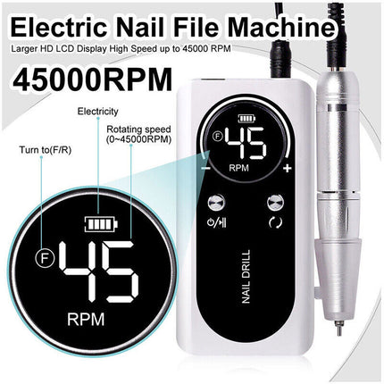 45000RPM Pro Rechargeable Wireless Electric Nail Drill Machine Portable Manicure